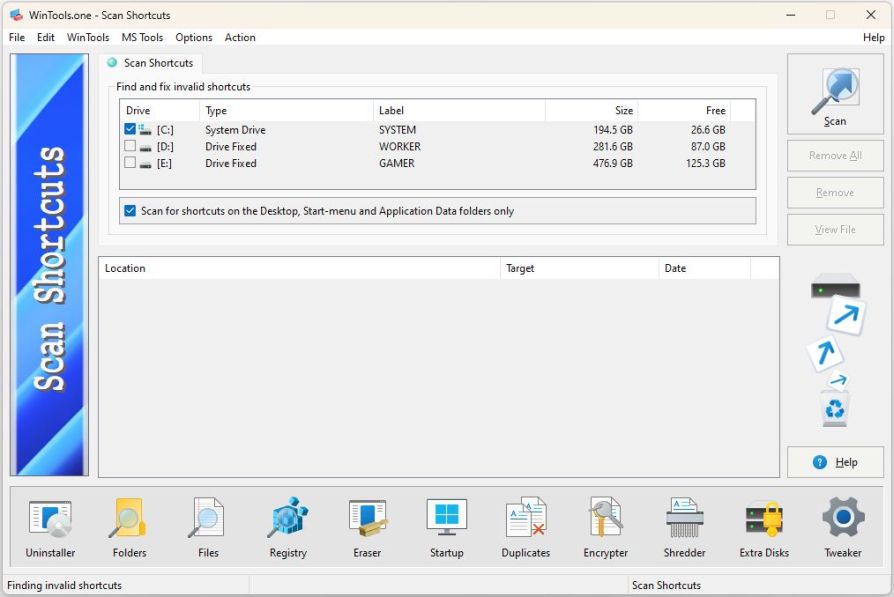 WinTools.one: Scan Shortcuts